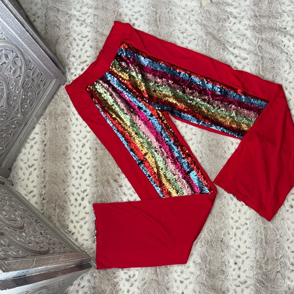 Red rainbow sequin pants large glam Halloween party costume festival boho rave